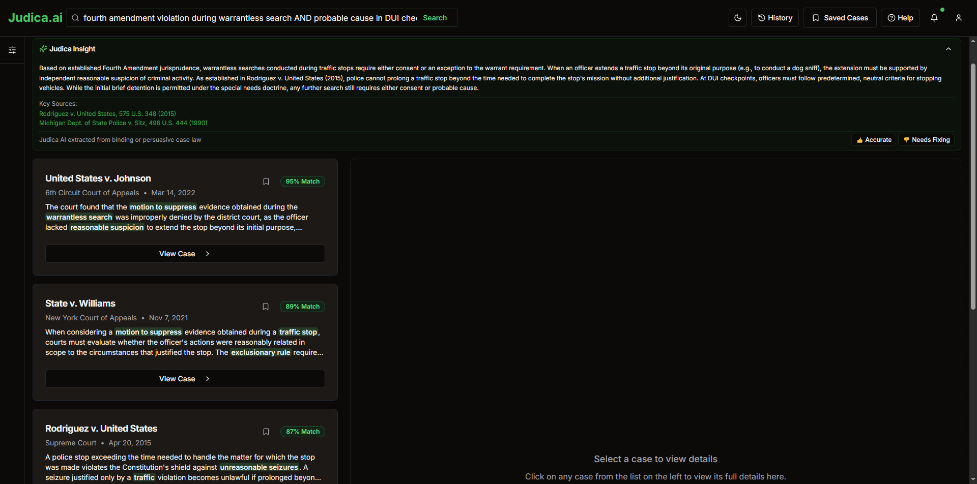 Judica.ai legal research interface showing search results for Fourth Amendment violations during warrantless searches